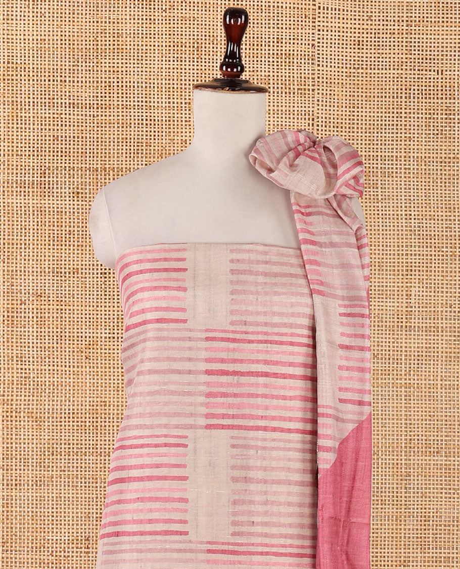 Chikku semi-tussar material chudidar set,geometric & round peacock motif print top, pink bottom & geometric & round peacock print dupatta