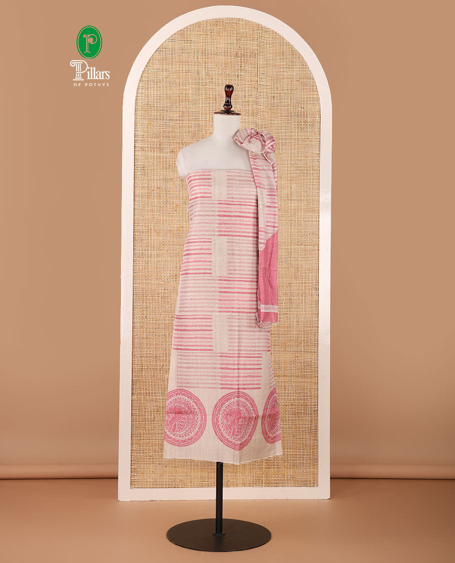 Chikku semi-tussar material chudidar set,geometric & round peacock motif print top, pink bottom & geometric & round peacock print dupatta