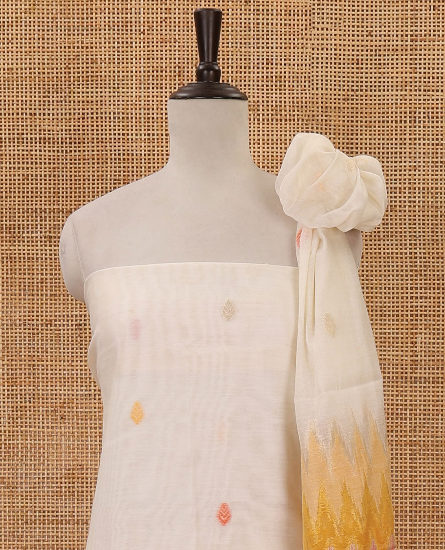 Mustard material chudidar set,meena butta & ombre zig-zag print mul chanderi top,plain bottom & mul chanderi dupatta of meena butta & ombre zig-zag print