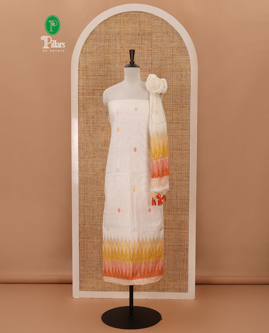 Mustard material chudidar set,meena butta & ombre zig-zag print mul chanderi top,plain bottom & mul chanderi dupatta of meena butta & ombre zig-zag print