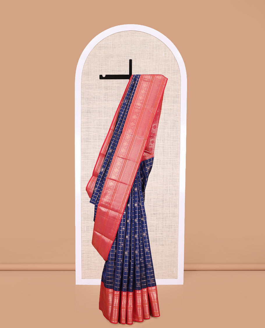 Blue zari checked with annam chakram buttas silk saree, contrast border of thilakam mokku, iruthalai pakshi, and ara maadam designs, and jaal pallu