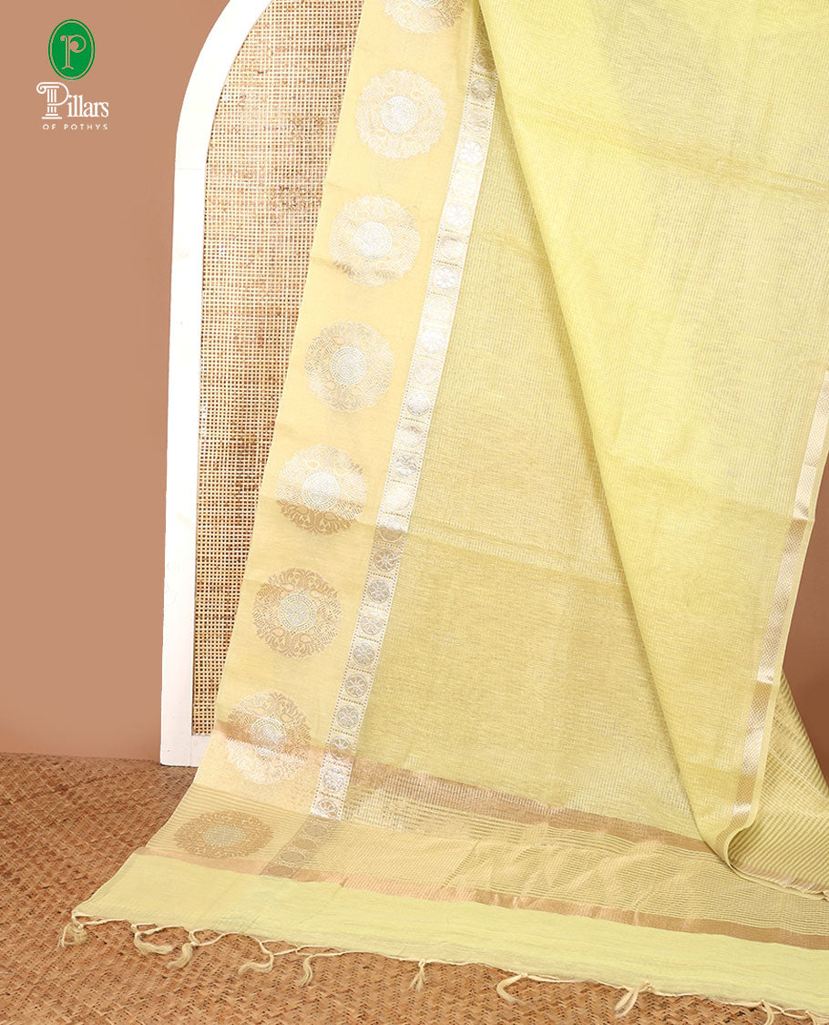 Lemon yellow horizontal lines chanderi cotton saree with rudhrakshborder & rich pallu along with rich blouse