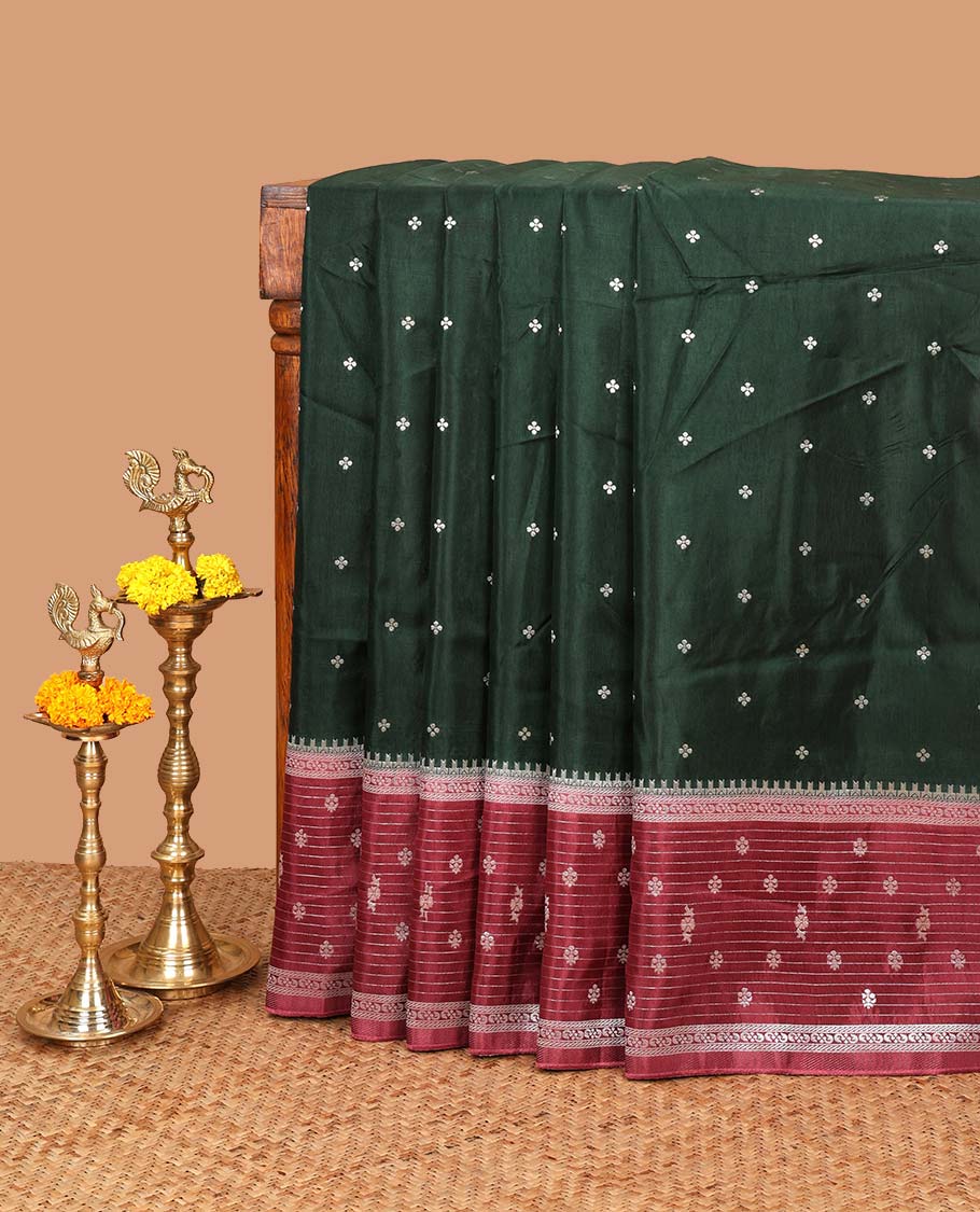 Bottle green zari dola silk saree with banaras border & rich pallu along with plain blouse