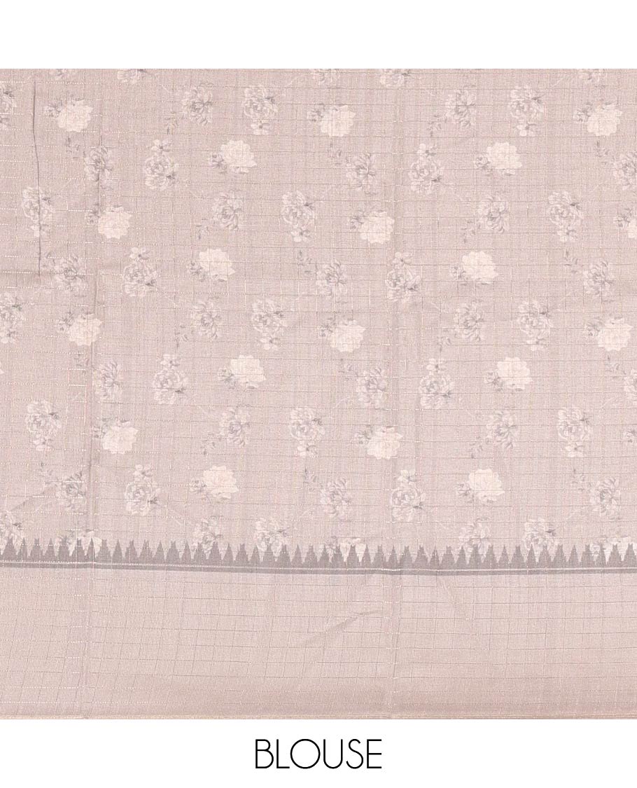 Mustard floral motifs printed fancy tussar saree, contrast temple checked border, checked pallu, and a contrast checks and floral printed blouse