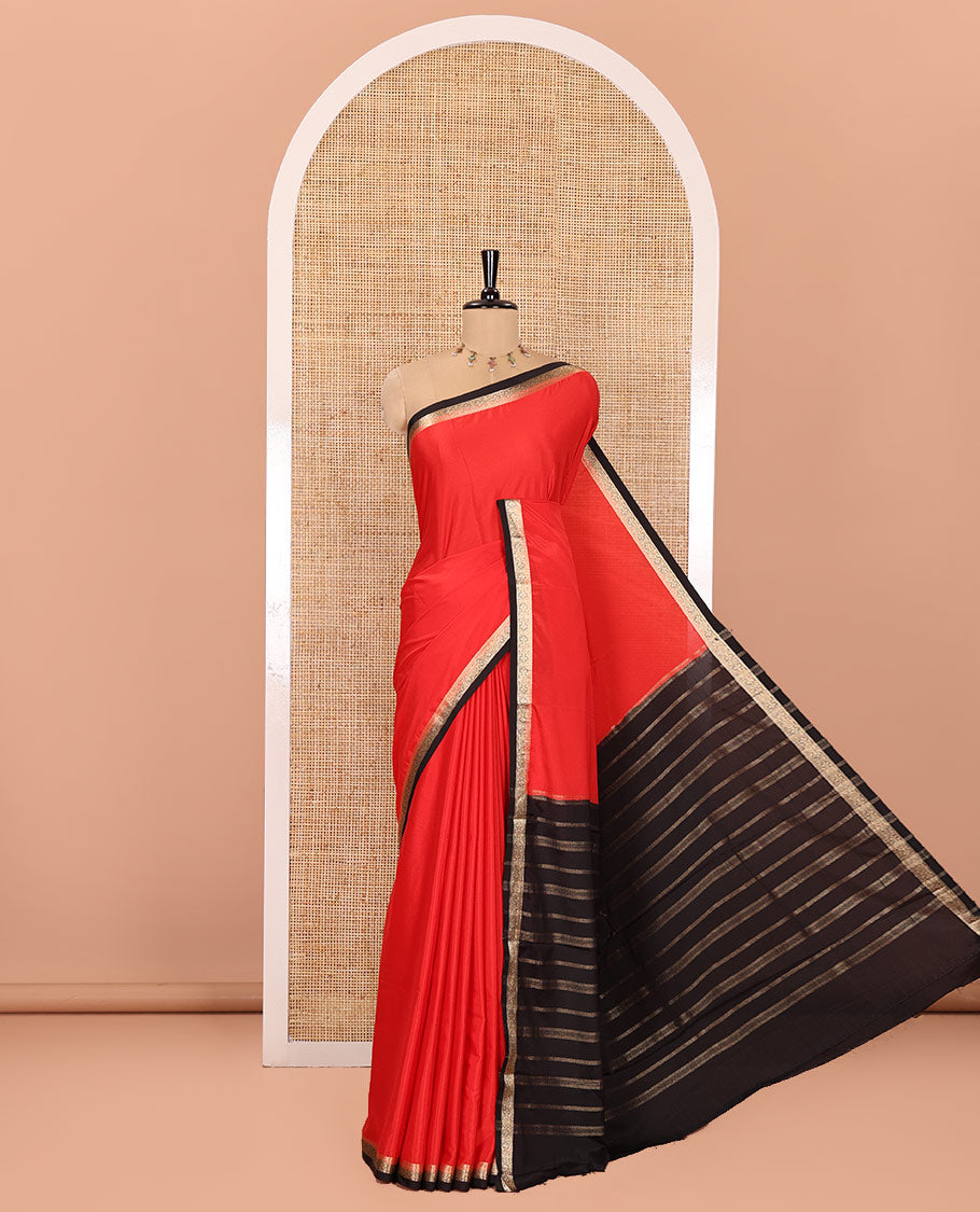 Red Plain Semi-Mysore Silk Saree, Complemented by a Contrast Traditional Zari Design Woven Border, Pallu Subtly Sparkled with Zari Stripes, and Paired with a Contrast Blouse