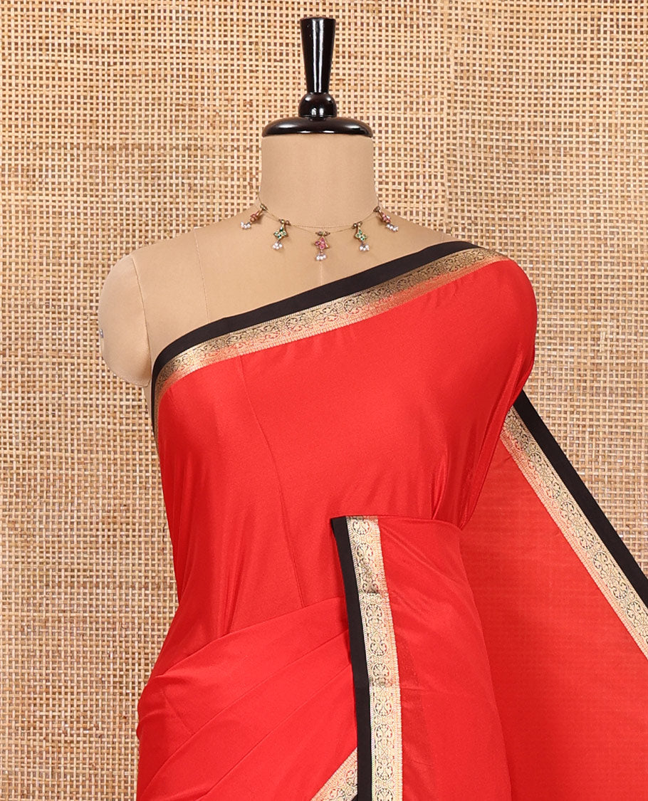 Red Plain Semi-Mysore Silk Saree, Complemented by a Contrast Traditional Zari Design Woven Border, Pallu Subtly Sparkled with Zari Stripes, and Paired with a Contrast Blouse