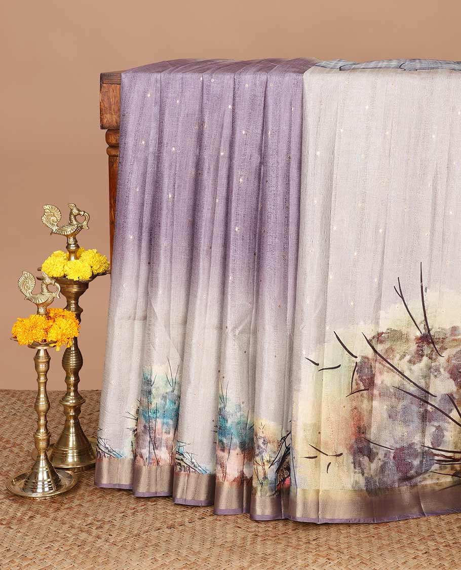 Grey digital cultural print, zari butta fancy tussar saree with bhavanji border & tissue pallu along with plain blouse