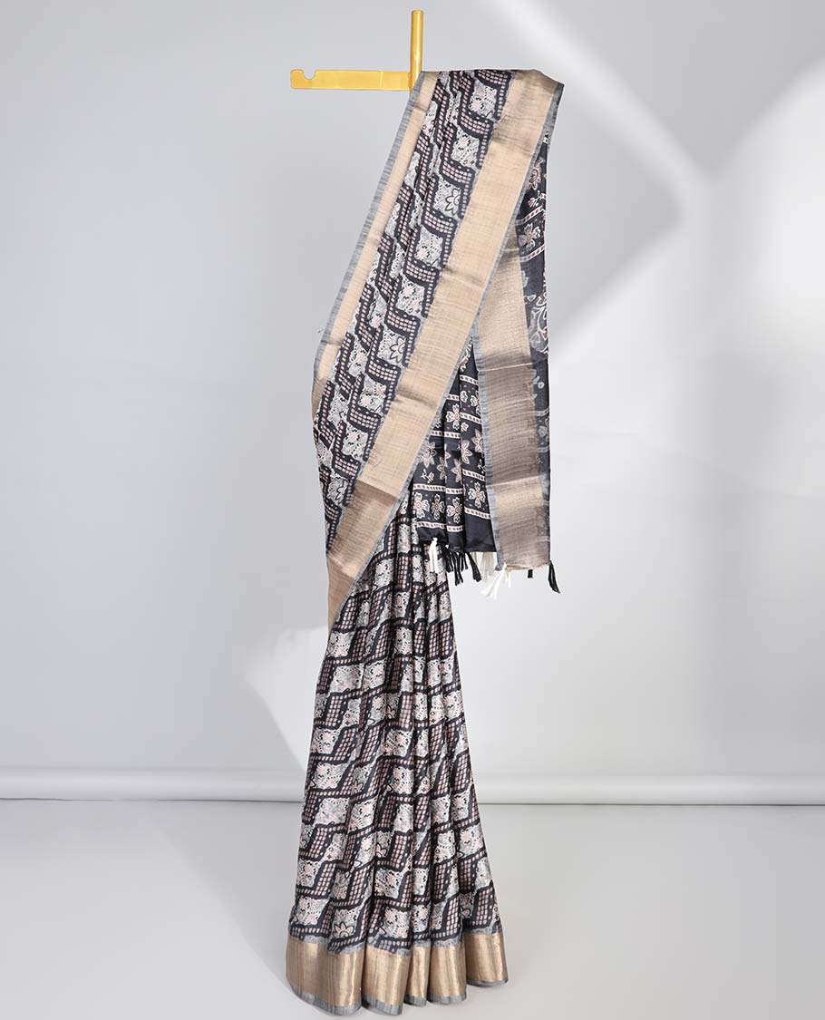 Black argyle design semi-banaras printed saree with contrast zari border & floral motifs pallu