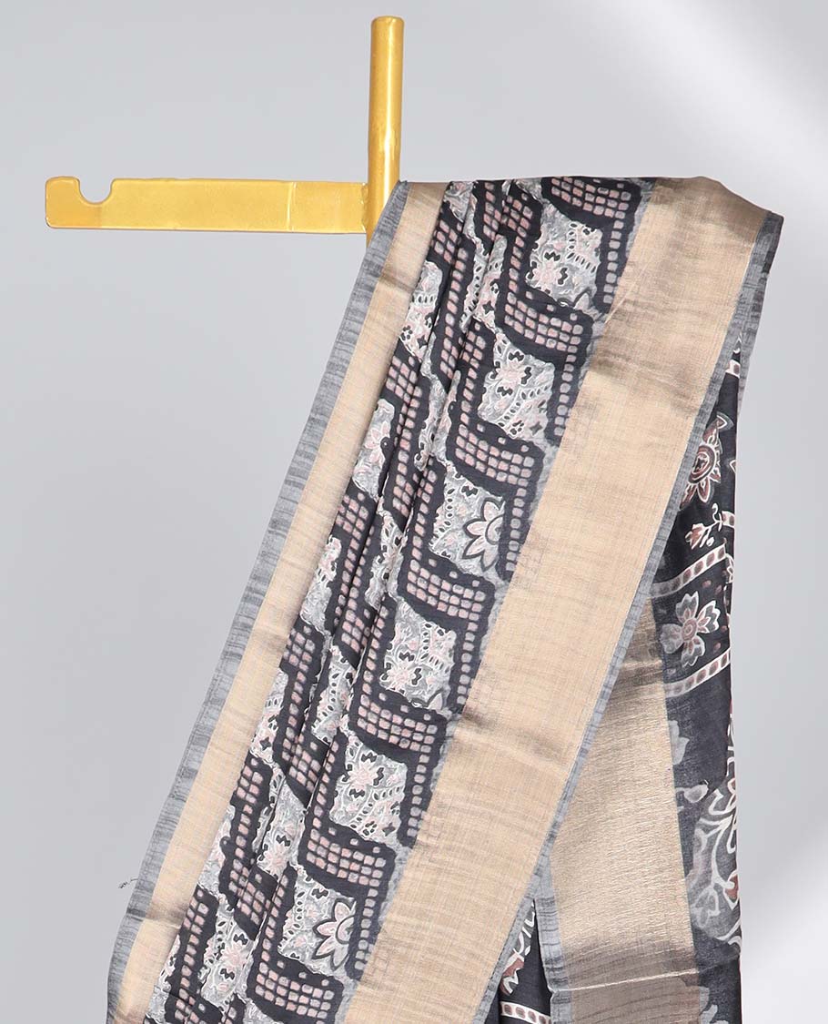 Black argyle design semi-banaras printed saree with contrast zari border & floral motifs pallu
