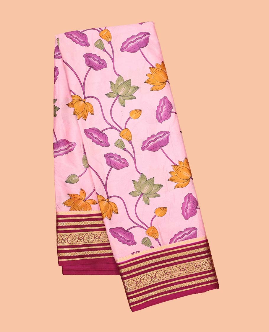 Pink pichwai-style floral vine printed semi-banaras printed saree, contrast traditional design border & striped pallu
