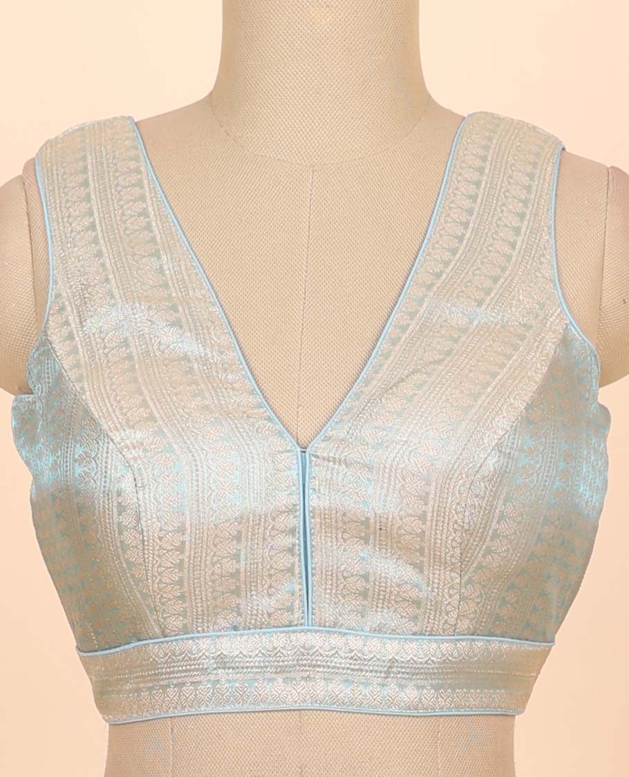 Baby blue floral zari design front & back deep v-neck raw-silk readymade sleeveless blouse