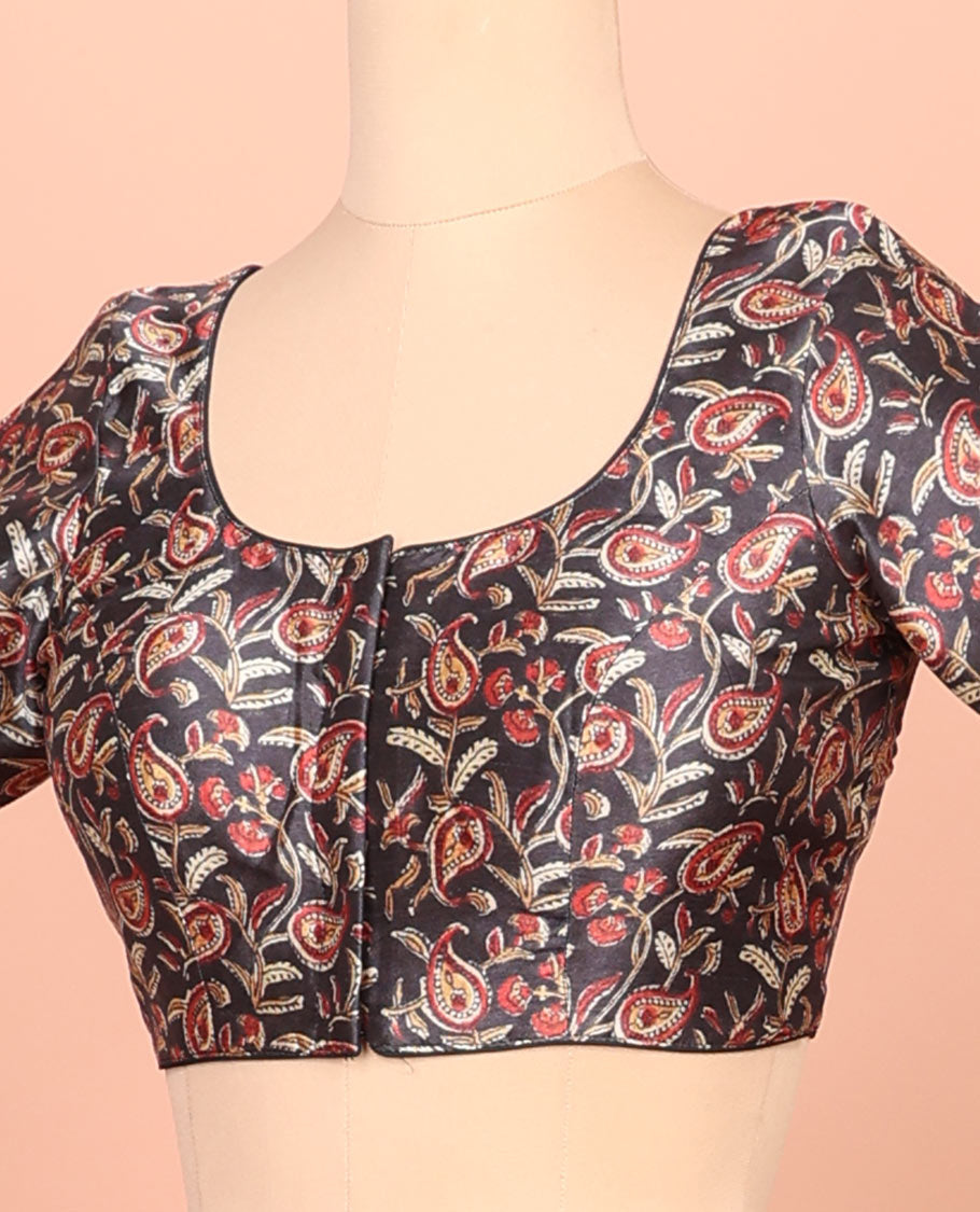 Black paisleys printed front-back round-neck elbow sleeve readymade blouse