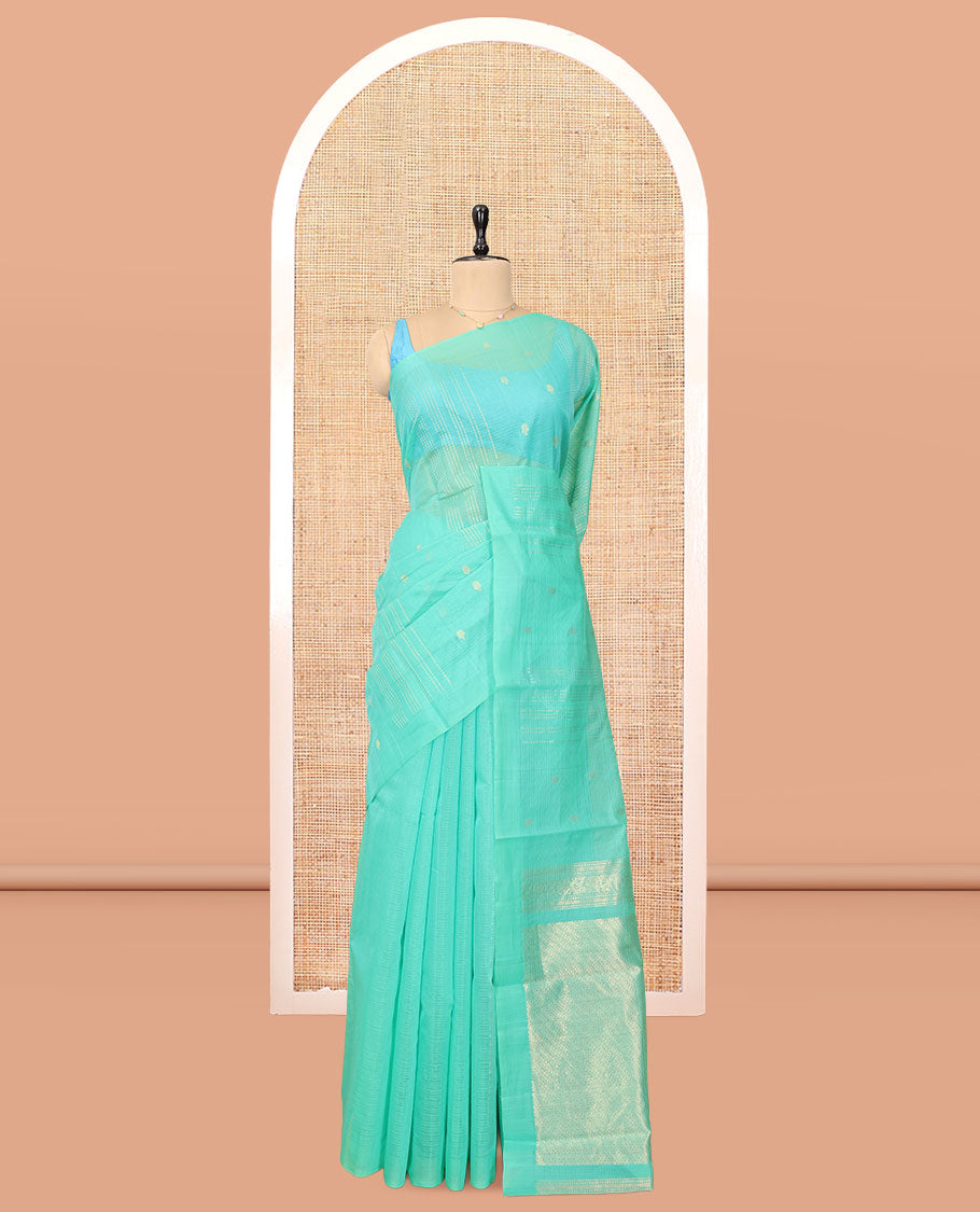 Borderless Turquoise Silk Cotton Saree, Steeped with Zari Stripes and Buttas, Diagonally Striped Pallu, and a Matching Blouse