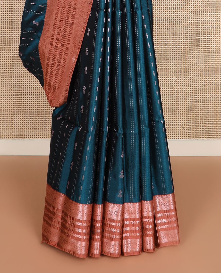 Peacock blue zari designs silk saree, contrast traditional zari border, and floral design pallu