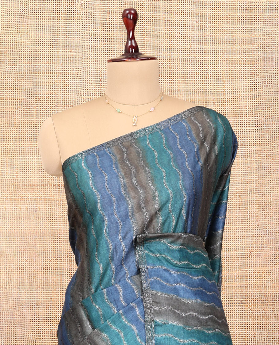 Multi-Color Tussar Silk Saree Features Rankat-Style Diagonal Zari Stripes, Piping Border, Geometric Pallu, and a Matching Blouse