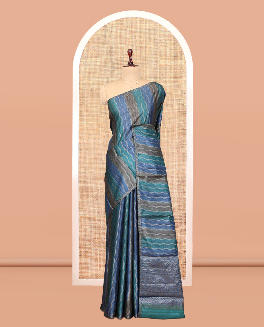 Multi-Color Tussar Silk Saree Features Rankat-Style Diagonal Zari Stripes, Piping Border, Geometric Pallu, and a Matching Blouse