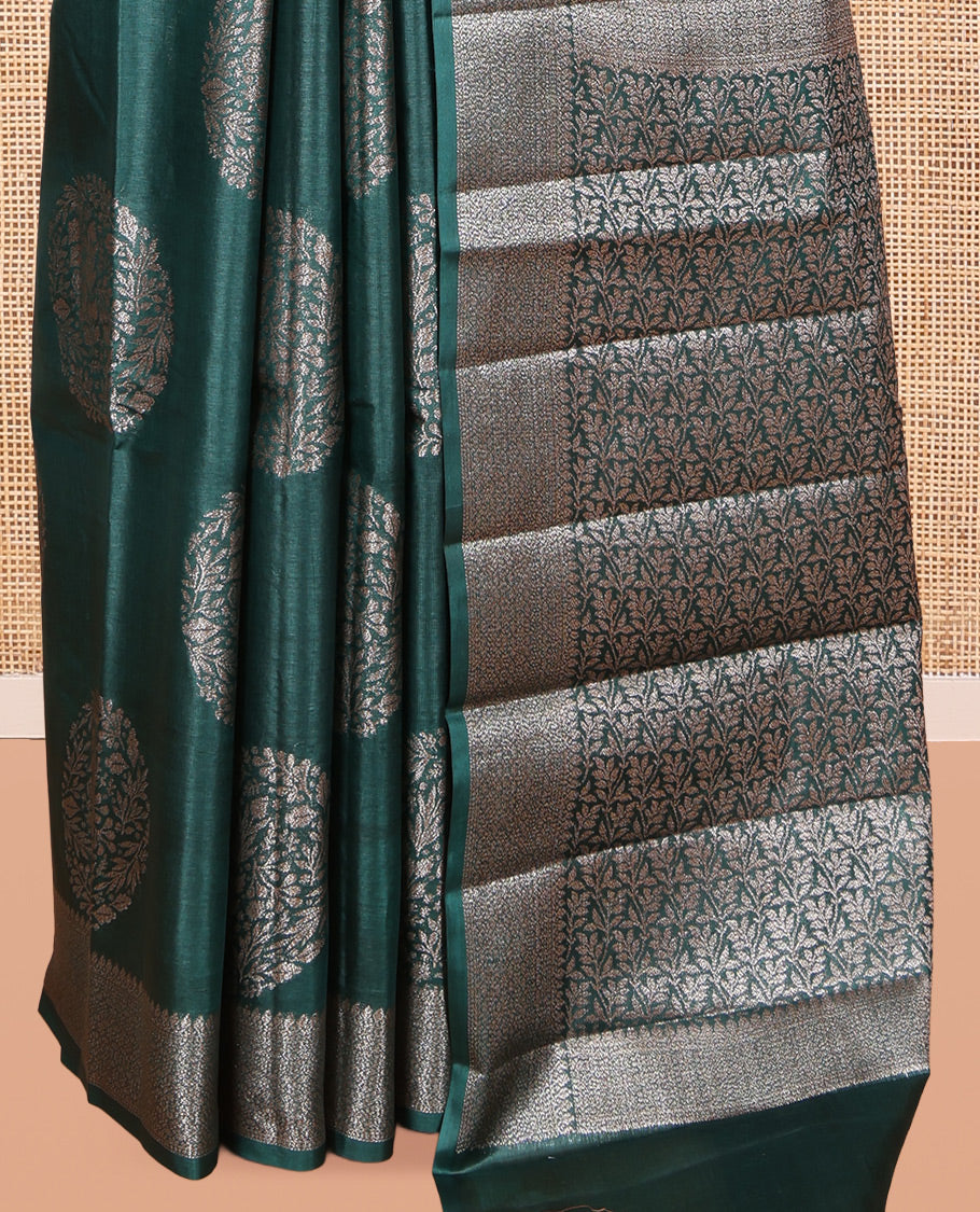 Green Tusser Silk Saree, Embellished with Zari Buttas, a Zari Border, Intricate Pallu, and a Matching Blouse