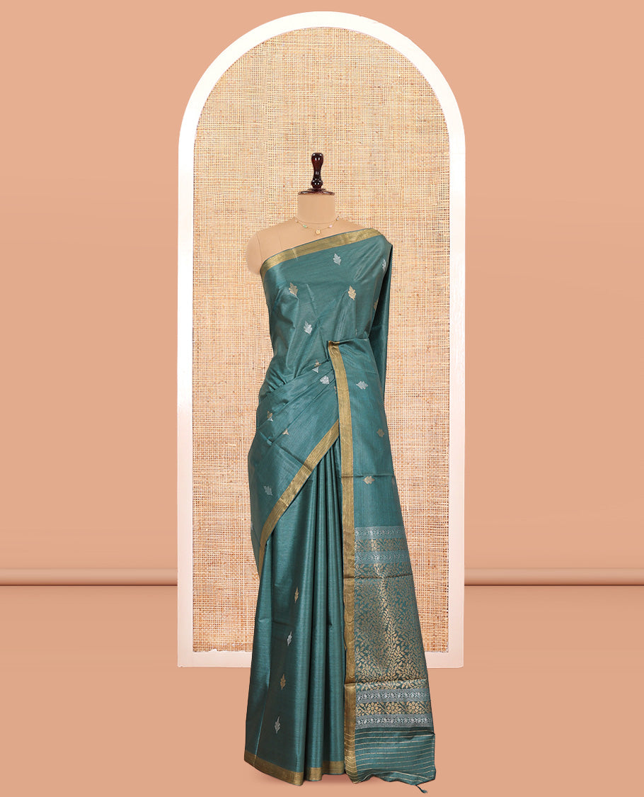 Green Tussar Saree, Detailed with Buttas, a Piping Border, Floral Vine-Woven Pallu, and a Matching Blouse