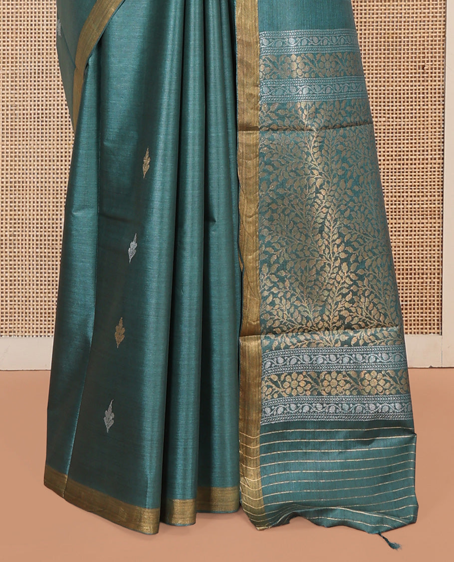 Green Tussar Saree, Detailed with Buttas, a Piping Border, Floral Vine-Woven Pallu, and a Matching Blouse