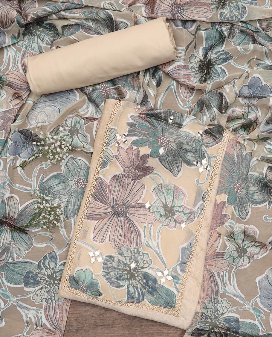 Cream material chudidar set, floral patch embroidered with mirror work top, plain bottom and floral printed dupatta