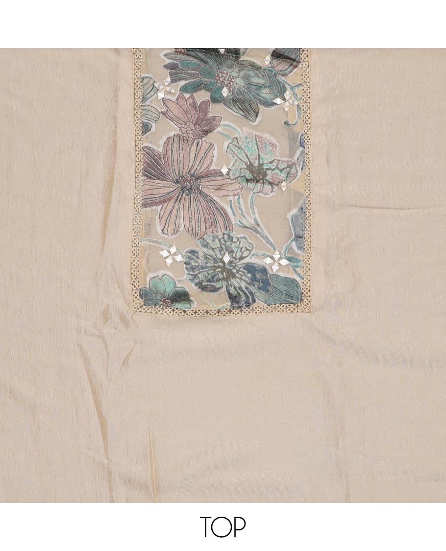 Cream material chudidar set, floral patch embroidered with mirror work top, plain bottom and floral printed dupatta