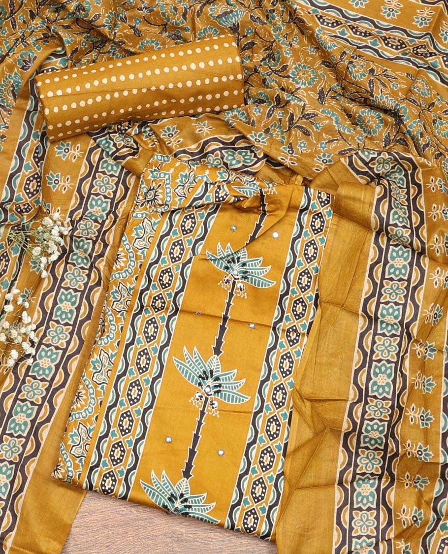 Yellow Material Chudidar Set, Artfully Detailed with Ajrakh Printed Cotton Top, Complemented by Printed Cotton Bottom, and Paired with Floral Printed Cotton Dupatta