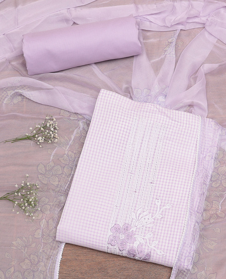 Lavender Cotton Material Churidar Set, Crafted with Checked and Floral Embroidery Top, Plain Bottom, and Floral Printed Dupatta