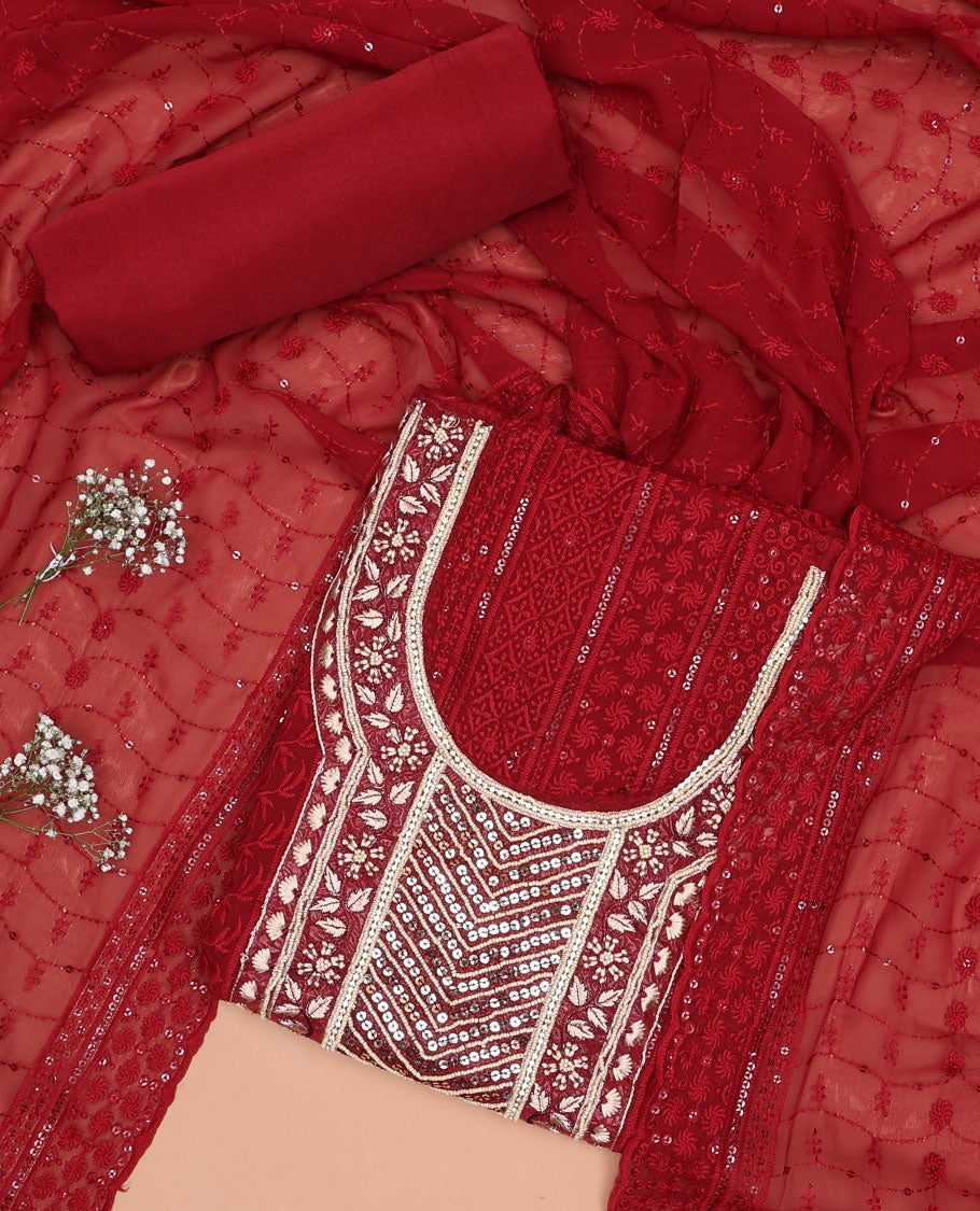 Red chudidhar material set , floral bead, sequins work top, plain bottom & floral sequins with scallop border dupatta