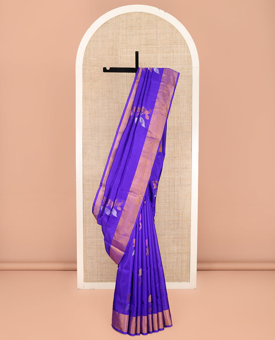 Violet Uppada Silk Saree, Adorned with Meena Floral Buttas on Its Body, Highlighted by Zari Bavanji Border, Pallu Steeped with Meena Floral Buttas, and Paired with a Matching Blouse
