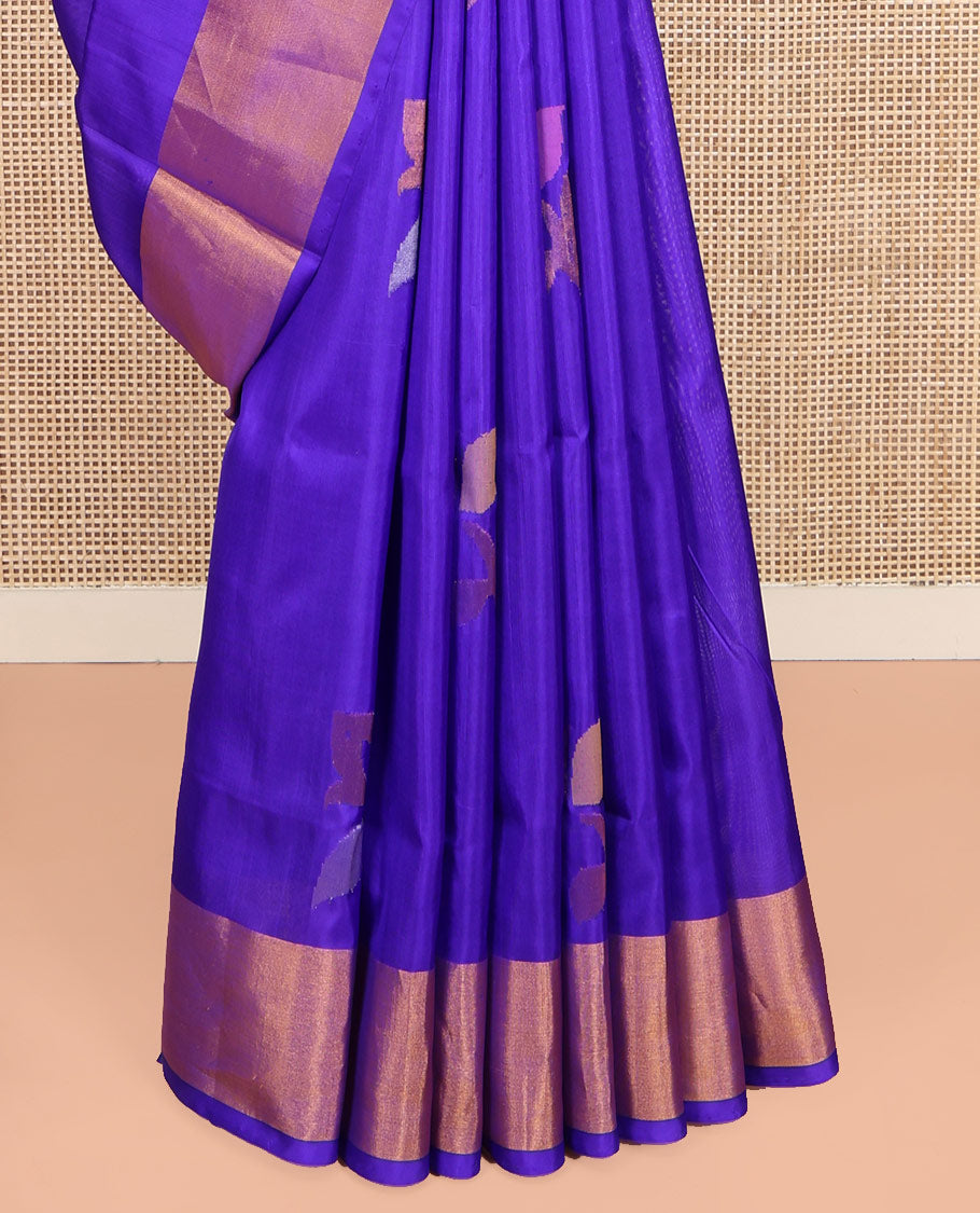 Violet Uppada Silk Saree, Adorned with Meena Floral Buttas on Its Body, Highlighted by Zari Bavanji Border, Pallu Steeped with Meena Floral Buttas, and Paired with a Matching Blouse