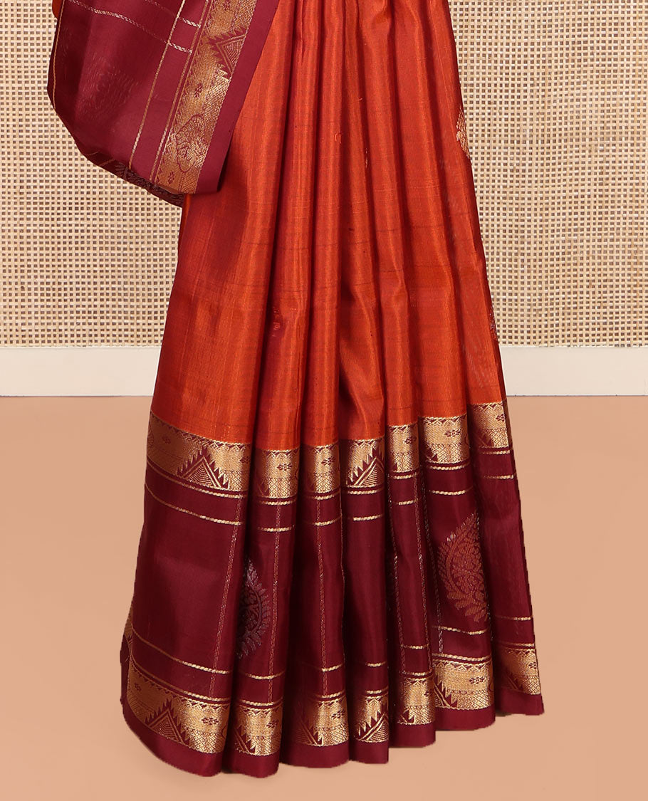 Orange Uppada Silk Saree, Mesmerized with Zari Buttas All Over Its Body, Complemented by a Contrast Traditional Border of Diamond Designs, Pallu Woven with Floral Jaal Designs, and Paired with a Contrast Blouse