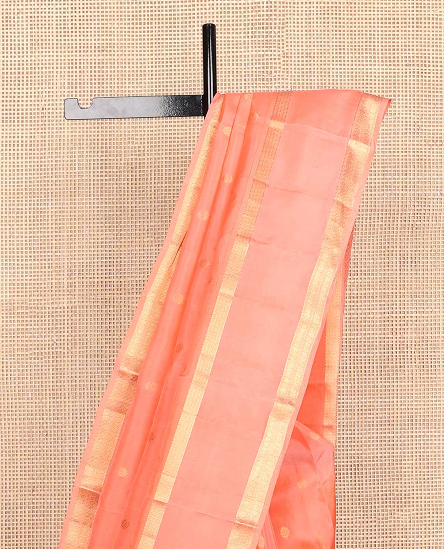 Peach zari buttas Vasundhara silk mix saree, traditional design rettai pettu zari border & jaal pallu