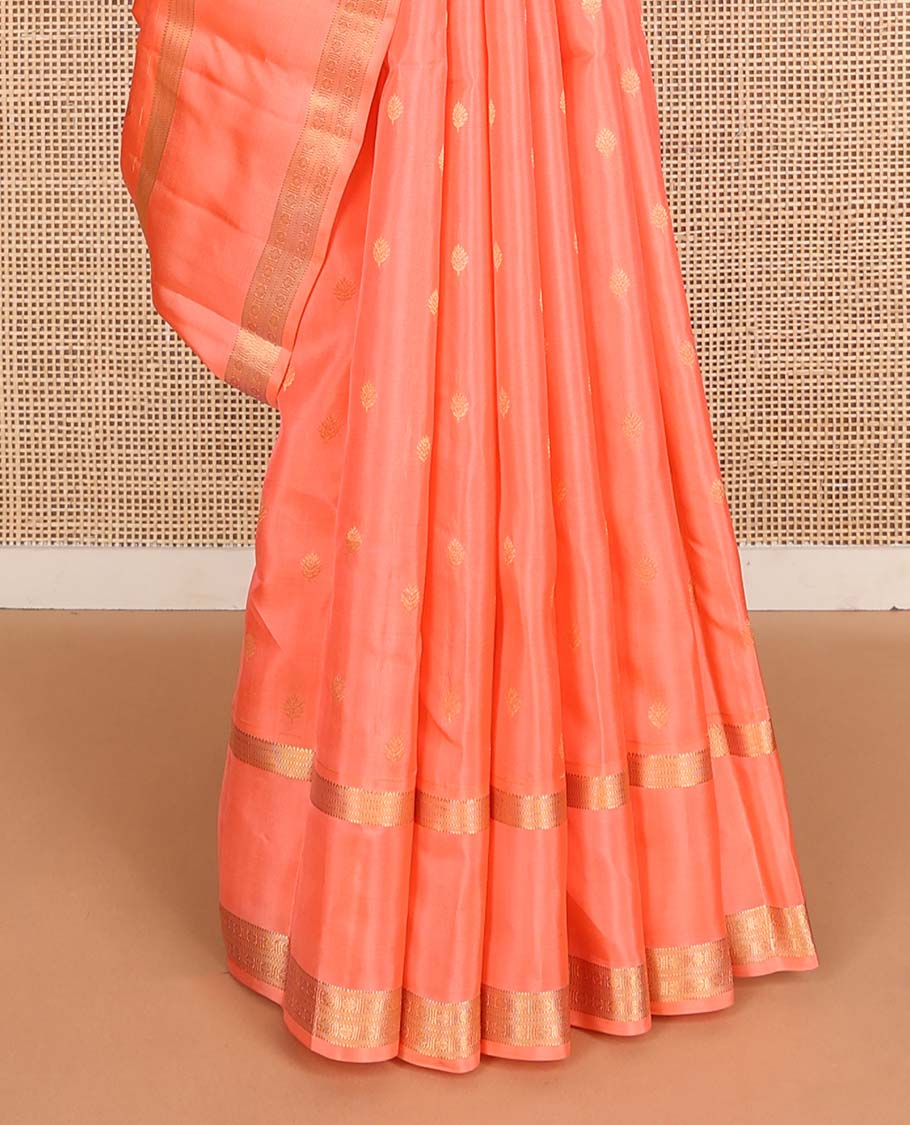 Peach zari buttas Vasundhara silk mix saree, traditional design rettai pettu zari border & jaal pallu