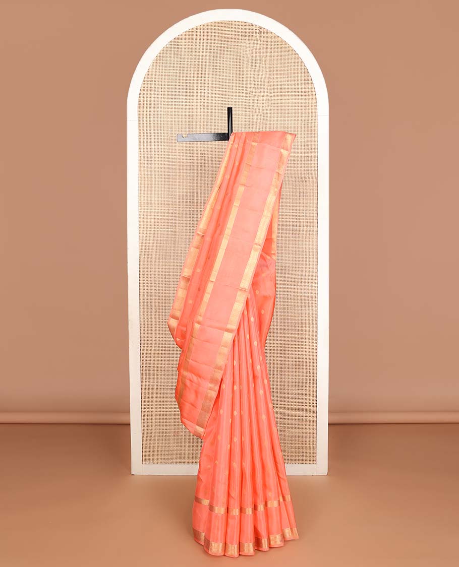 Peach zari buttas Vasundhara silk mix saree, traditional design rettai pettu zari border & jaal pallu