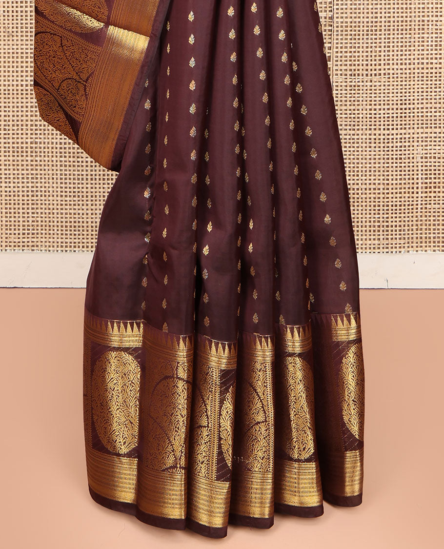 Brown Vasundhara Lite Silk Mix Saree, Adorned with Zari Buttas on Its Body, Highlighted by a Zari Border of Temple Traditional Zari Designs, Pallu Steeped with Arrow Motifs, and Paired with a Matching Blouse