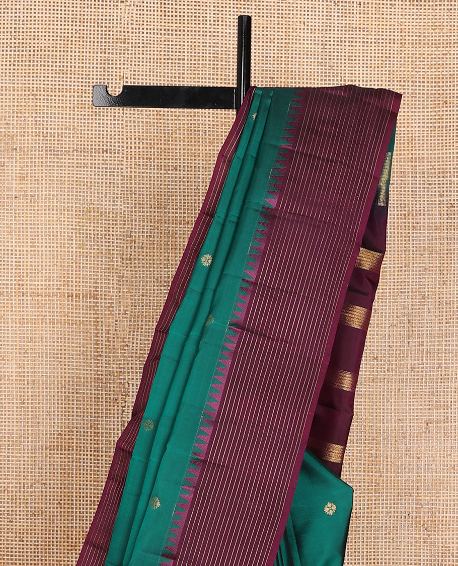 Green zari buttas Vasundhara elite silksaree, contrast border of rekku & strip design & muthu striped pallu