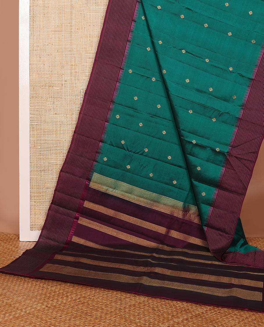 Green zari buttas Vasundhara elite silksaree, contrast border of rekku & strip design & muthu striped pallu