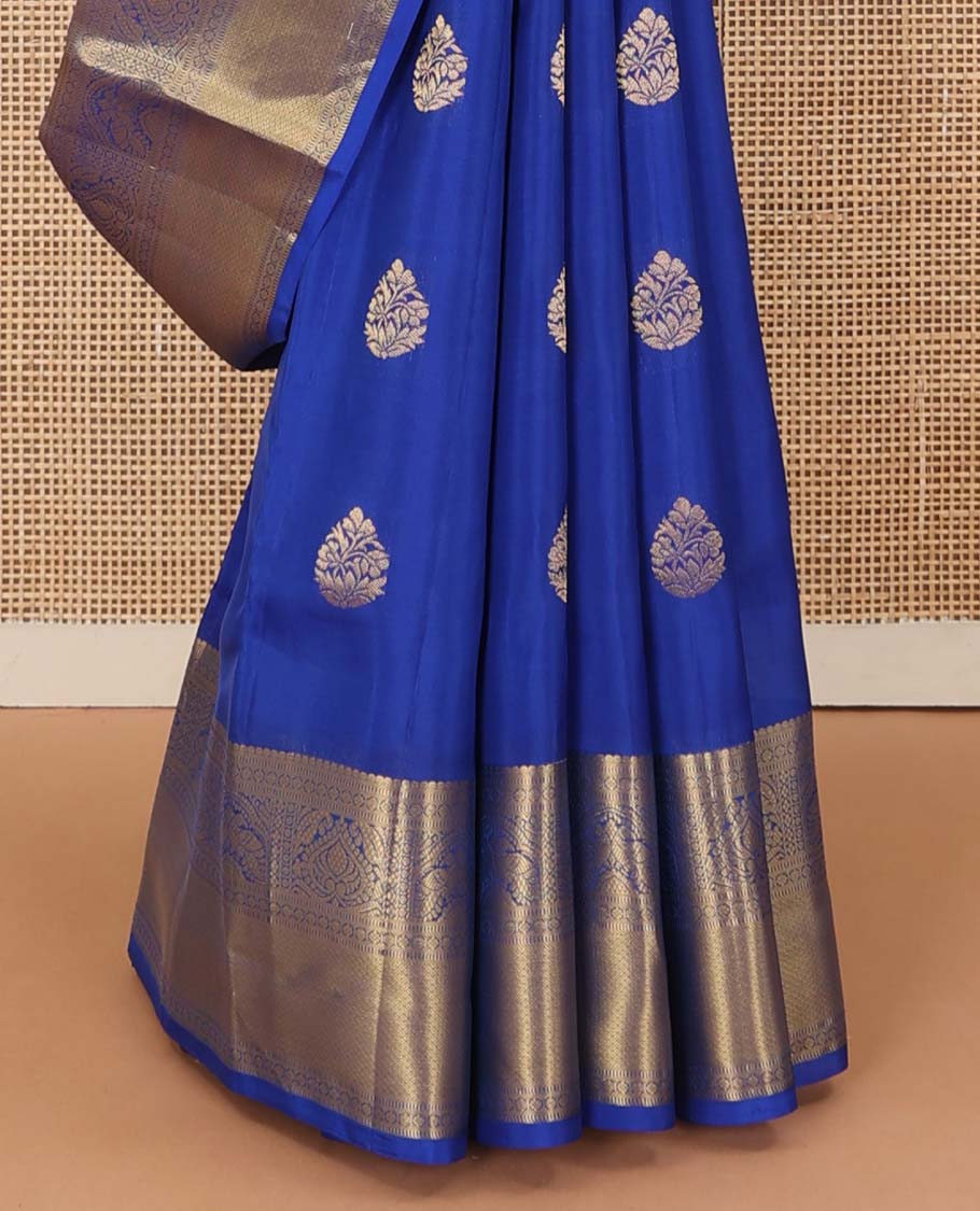 Blue zari buttas Vasundhara silk mix saree, zari border of thilakam, poun, rettai mayil, and mayil kann designs, and jaal pallu