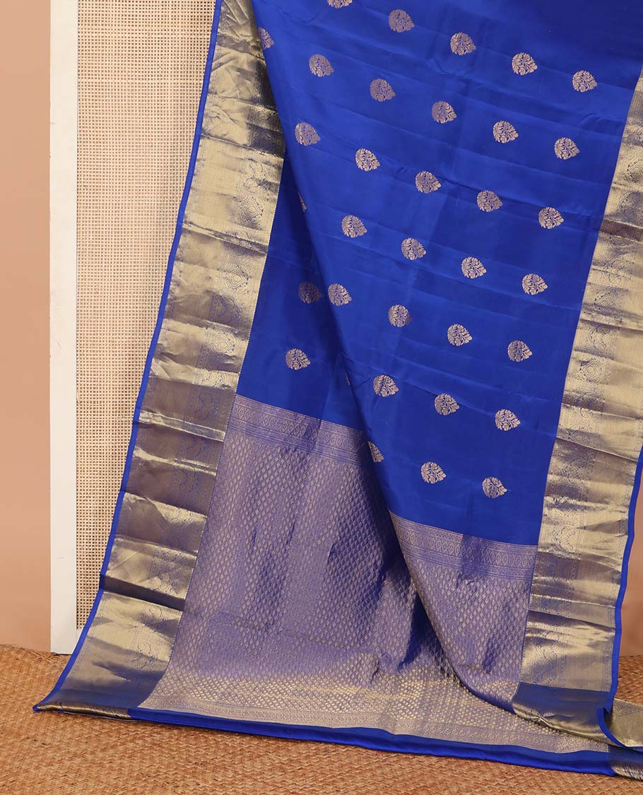 Blue zari buttas Vasundhara silk mix saree, zari border of thilakam, poun, rettai mayil, and mayil kann designs, and jaal pallu