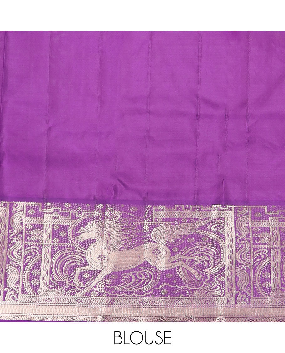 Pink zari striped and buttas silk saree, contrast kuthirai designs in zari, and pallu of elephant motifs enclosed paisleys