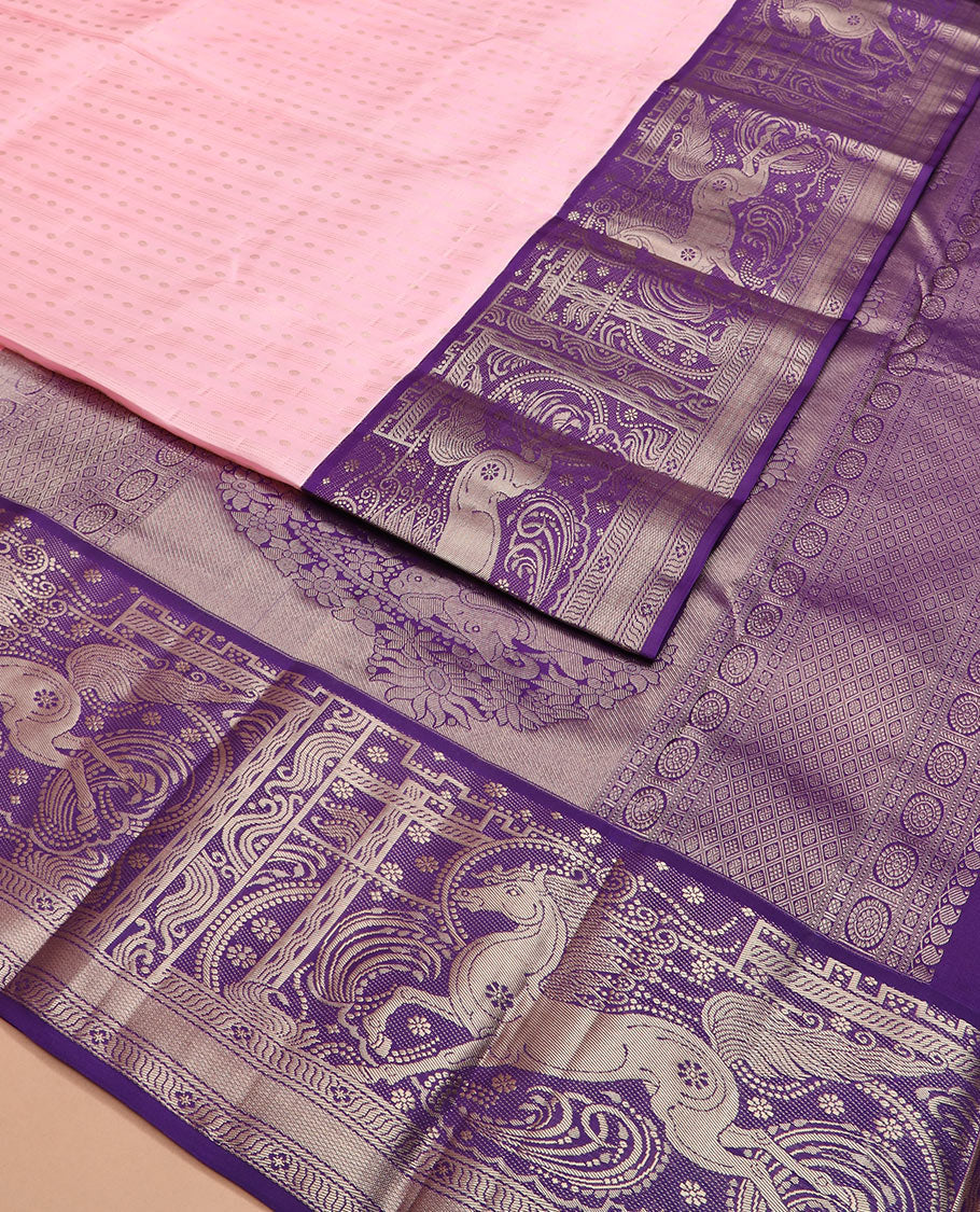 Pink zari striped and buttas silk saree, contrast kuthirai designs in zari, and pallu of elephant motifs enclosed paisleys