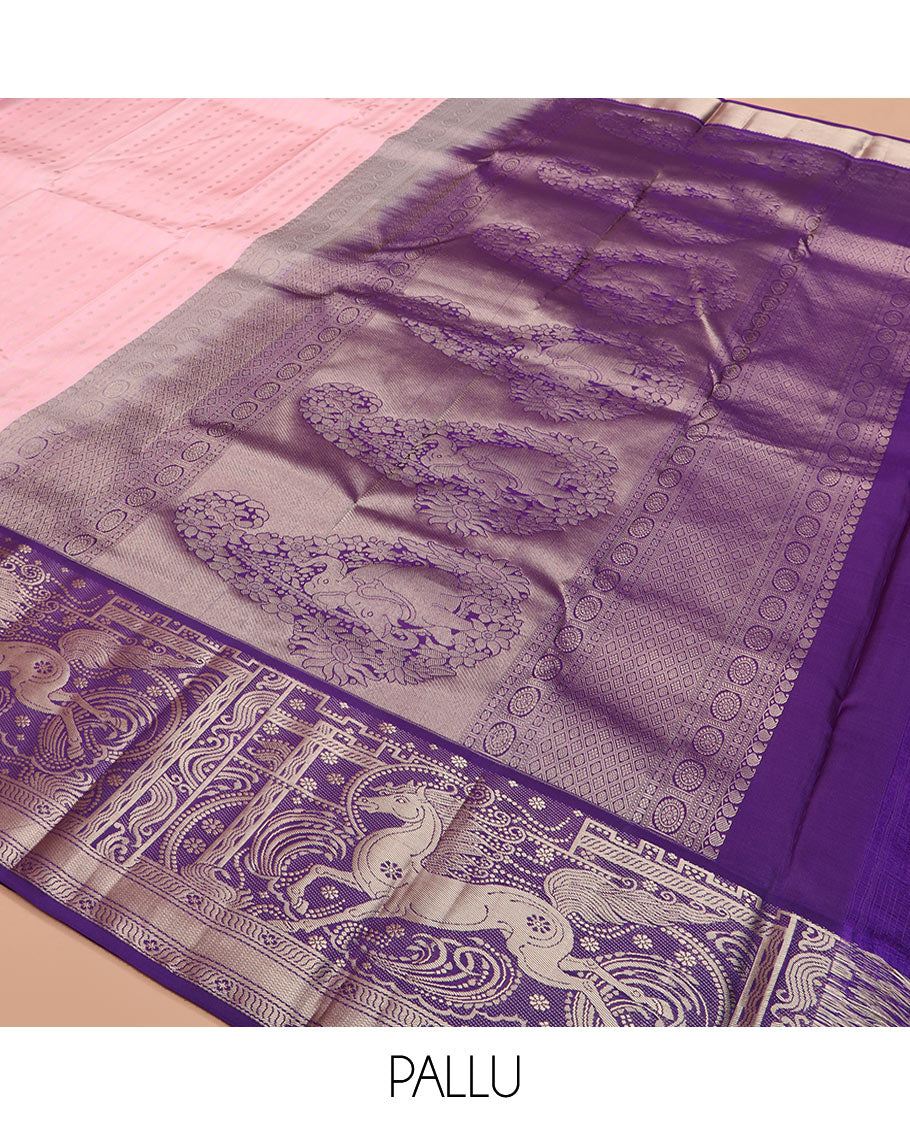 Pink zari striped and buttas silk saree, contrast kuthirai designs in zari, and pallu of elephant motifs enclosed paisleys