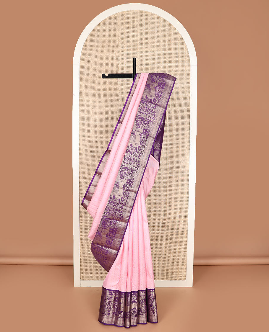 Pink zari striped and buttas silk saree, contrast kuthirai designs in zari, and pallu of elephant motifs enclosed paisleys