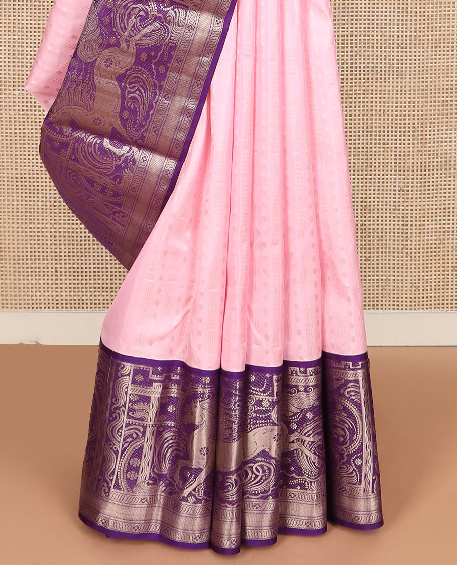Pink zari striped and buttas silk saree, contrast kuthirai designs in zari, and pallu of elephant motifs enclosed paisleys