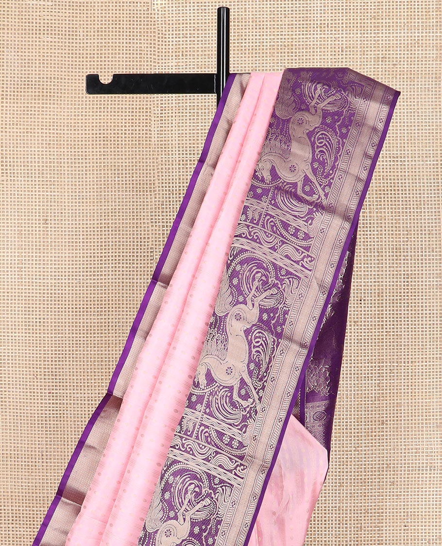 Pink zari striped and buttas silk saree, contrast kuthirai designs in zari, and pallu of elephant motifs enclosed paisleys