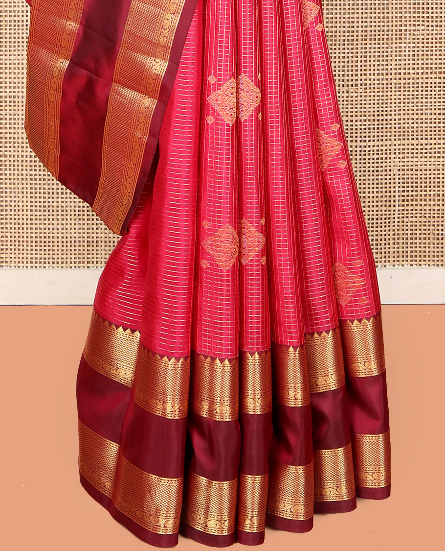 Pink Vasundhara Silk Saree, Gracefully Embellished with Zari Buttas and Checks, a Contrast Rettai Pettu Border of Rekku, Neli, Kodi Visiry, and Mayil Kann, Grand Pallu, and a Contrast Blouse