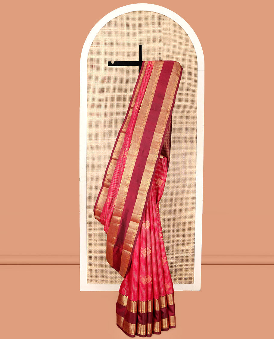 Pink Vasundhara Silk Saree, Gracefully Embellished with Zari Buttas and Checks, a Contrast Rettai Pettu Border of Rekku, Neli, Kodi Visiry, and Mayil Kann, Grand Pallu, and a Contrast Blouse