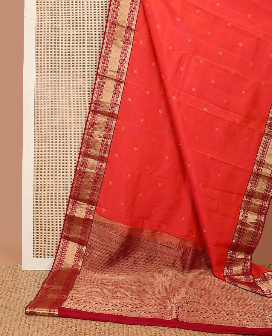 Red zari buttas silk saree, contrast jaal pallu & border of cross kamalam,puli nagam,poun,chakra & then kuli kann