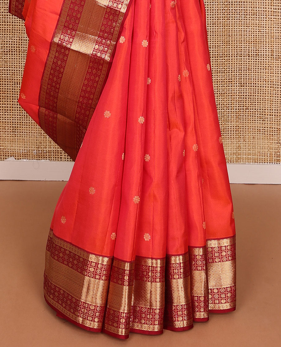 Red zari buttas silk saree, contrast jaal pallu & border of cross kamalam,puli nagam,poun,chakra & then kuli kann