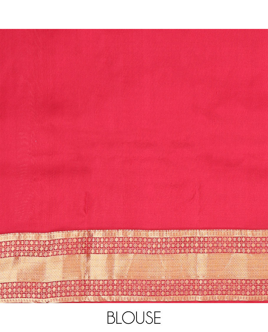 Red zari buttas silk saree, contrast jaal pallu & border of cross kamalam,puli nagam,poun,chakra & then kuli kann